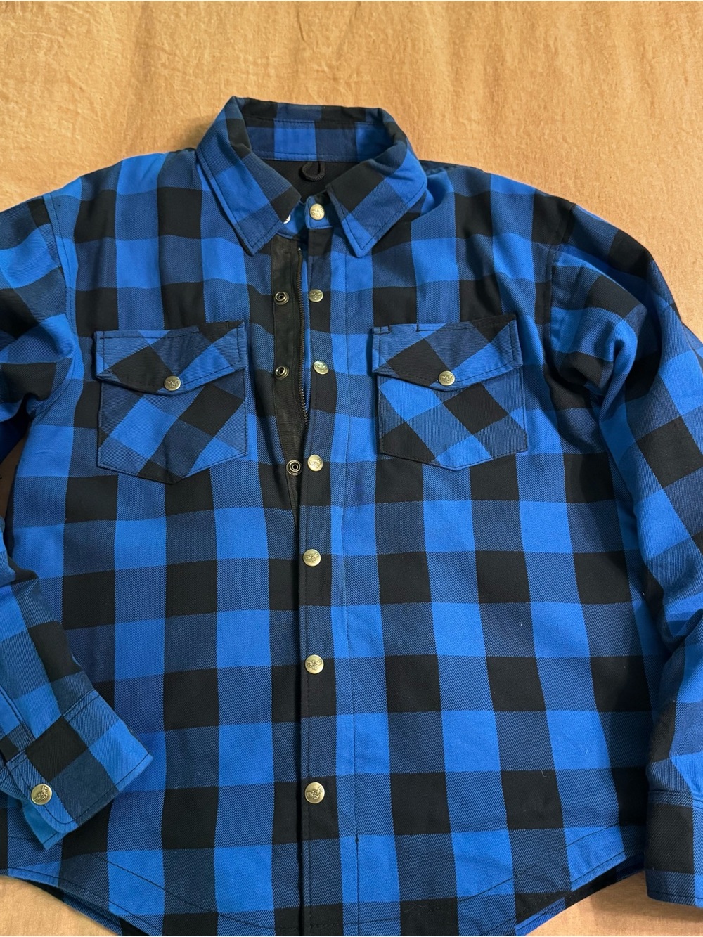 Blue and Black Buffalo Plaid Button-Up Milwaukee Leather Riding Jacket